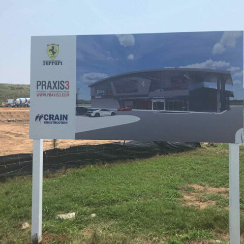 Sign Announcing Ferrari Dealership to be built by Crain Construction