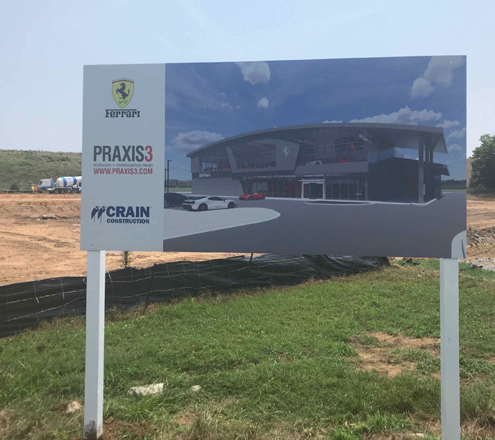 Sign Announcing Ferrari Dealership to be built by Crain Construction