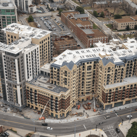 A flyover view of Hilton Hotel in midtown nashville