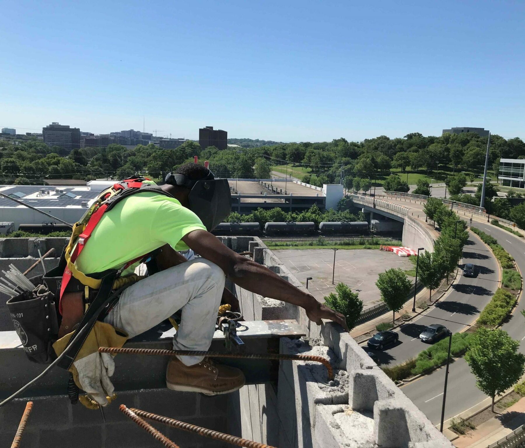 Crain construction worker on scaffolding at the element hotel job site