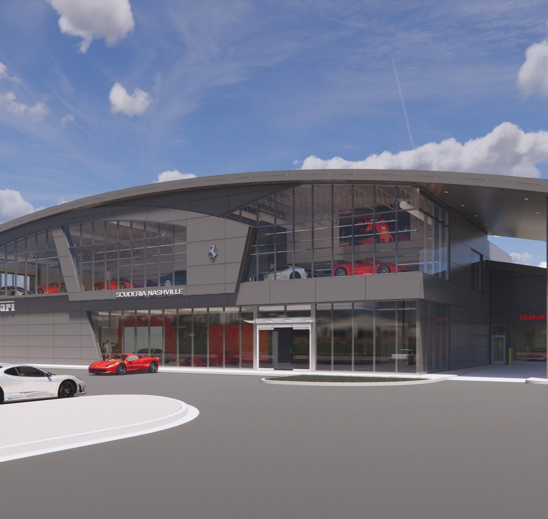 Rendering of a Ferrari Dealership on a cloudy day