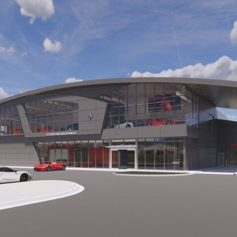 Rendering of a Ferrari Dealership on a cloudy day