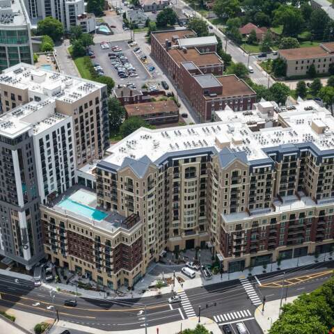 An aerial view of the Aertson and surrounding buildings on the west side of downtown Nashville.