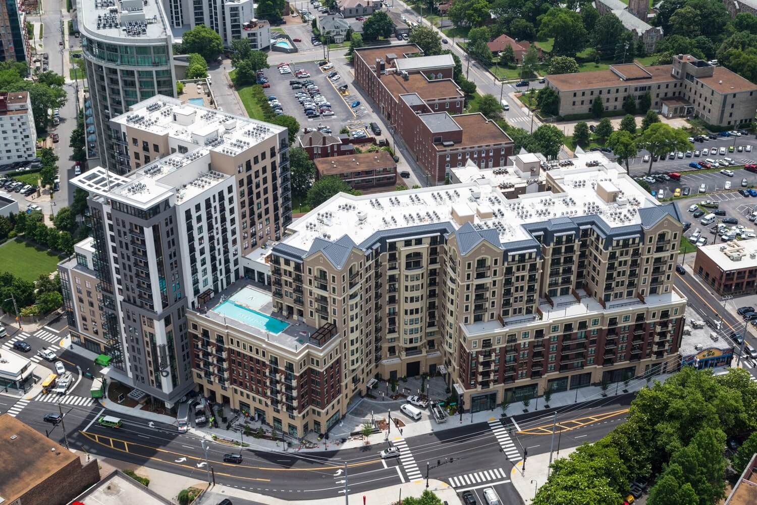 An aerial view of the Aertson and surrounding buildings on the west side of downtown Nashville.