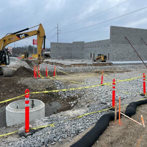 Nashville construction site roped off with orange cones and caution tape.