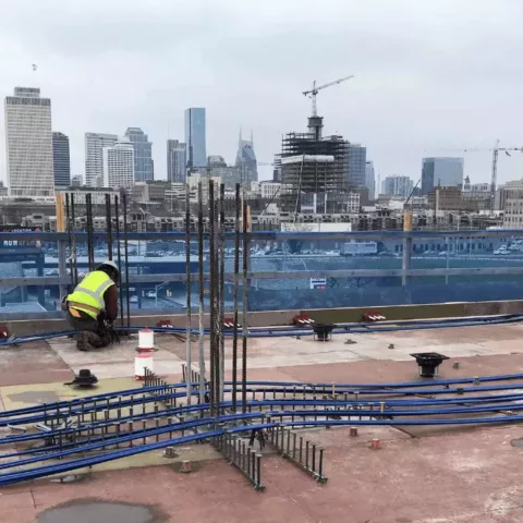 Construction downtown nashville with view of batman building
