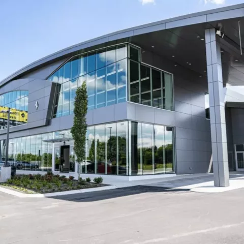 Exterior of a very modern Ferrari Dealership in Nashville.