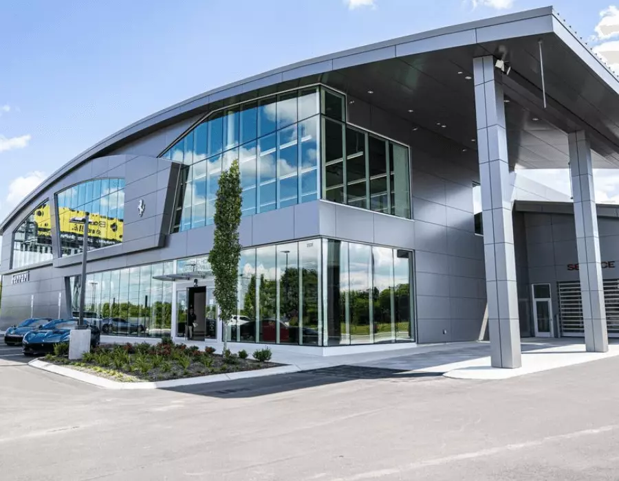 Exterior of a very modern Ferrari Dealership in Nashville.